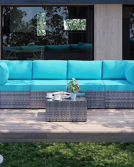 Shintenchi 5 Pieces Outdoor Patio Sectional Sofa Couch, Silver Gray PE Wicker Furniture Conversation Sets with Washable Cushions & Glass Coffee Table for Garden, Poolside, Backyard (Blue) - LeafyLoom