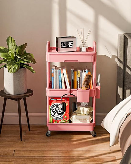 3 Tier Small Rolling Cart Organizer,Laundry Room Bathroom Organizers and Storage Office Shelves Mobile Shelving Unit Kitchen Trolley Cart with Wheels for Art,Craft,Diaper,Bedside,Snack(Pink) - LeafyLoom