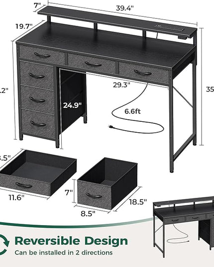Gaming Desk with 6 Drawers, Computer Desk with LED Lights Power Outlets and Type-C, 39 Inch Office Desk with Storage, Monitor Stand, Writing Desk Work Desk Home Office, Bedroom, Study, Black - LeafyLoom