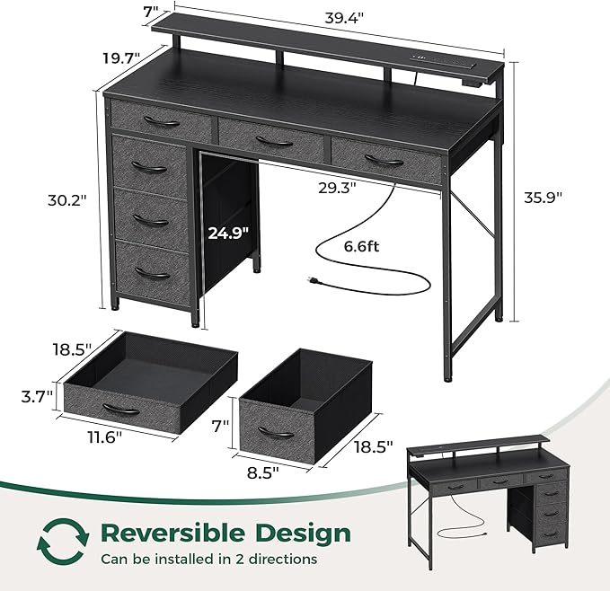 Gaming Desk with 6 Drawers, Computer Desk with LED Lights Power Outlets and Type-C, 39 Inch Office Desk with Storage, Monitor Stand, Writing Desk Work Desk Home Office, Bedroom, Study, Black - LeafyLoom