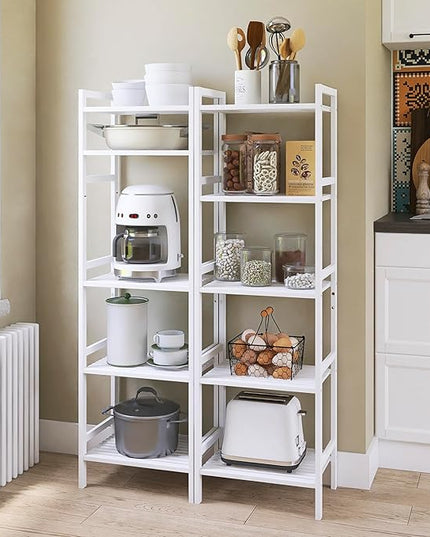 5 Tier Bamboo Shelf, Tall Narrow Bookcase, Freestanding Bathroom Storage Unit with Adjustable Shelves, Modern Display Standing Bookshelf for Living Room, Bedroom, Home Office, White - LeafyLoom
