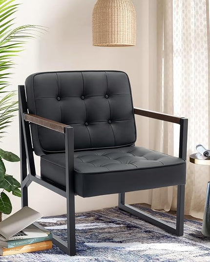 COLAMY Modern Black Leather Accent Chair, Comfy Living Room Chairs, Faux Leather Reception Armchair with Metal Legs for Living Room Bedroom Reception Waiting Room, Black - LeafyLoom