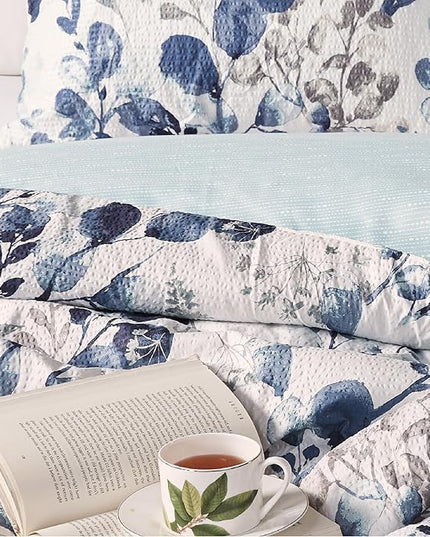Codi Floral Twin Comforter Set for Teen Girls, Spring Lavender Bedding Sets with Soft Seersucker 2pcs - 1 Flower Comforters and 1 Pillows Case, Blue - LeafyLoom