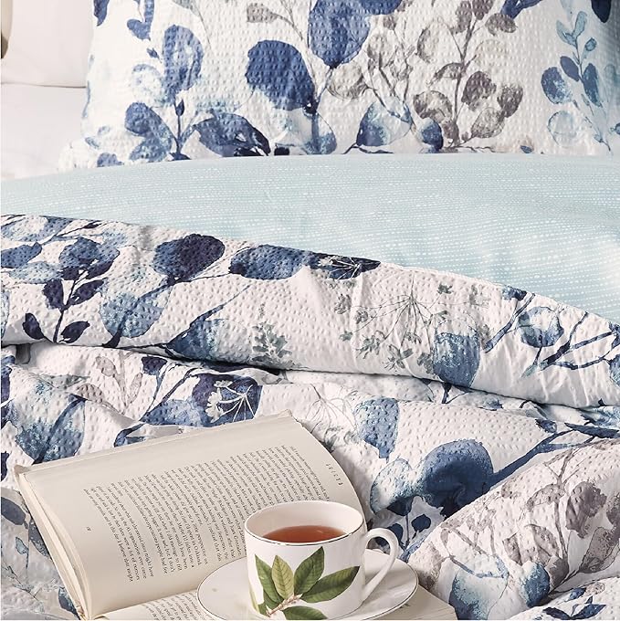 Codi Floral Twin Comforter Set for Teen Girls, Spring Lavender Bedding Sets with Soft Seersucker 2pcs - 1 Flower Comforters and 1 Pillows Case, Blue - LeafyLoom