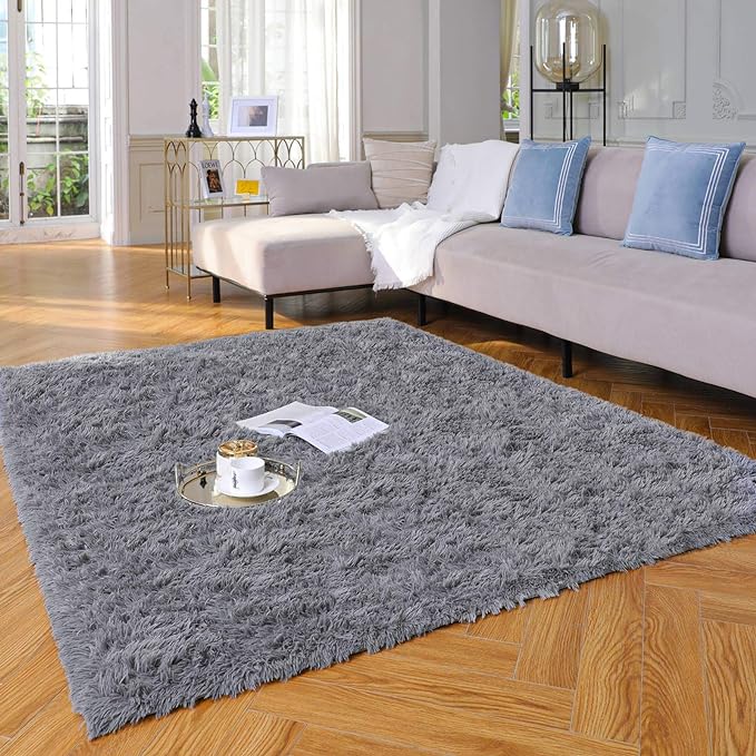 Ophanie Machine Washable Upgrade 4x6 Rugs for Bedroom, Grey, Fluffy Shaggy Soft Area Rug, Gray Non-Slip Indoor Floor Carpet for Living Room, Kids Baby Boys Teen Dorm Home Decor Aesthetic, Nursery, Rug - LeafyLoom
