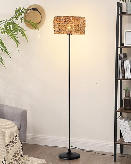 Unique Farmhouse Floor Lamp for Living room, Bedroom and Office, Original Handmade Water Lettuce Rattan Shade Tall Standing Light Black , Modern Vintage Rustic Rural Décor(No Bulbs) - LeafyLoom