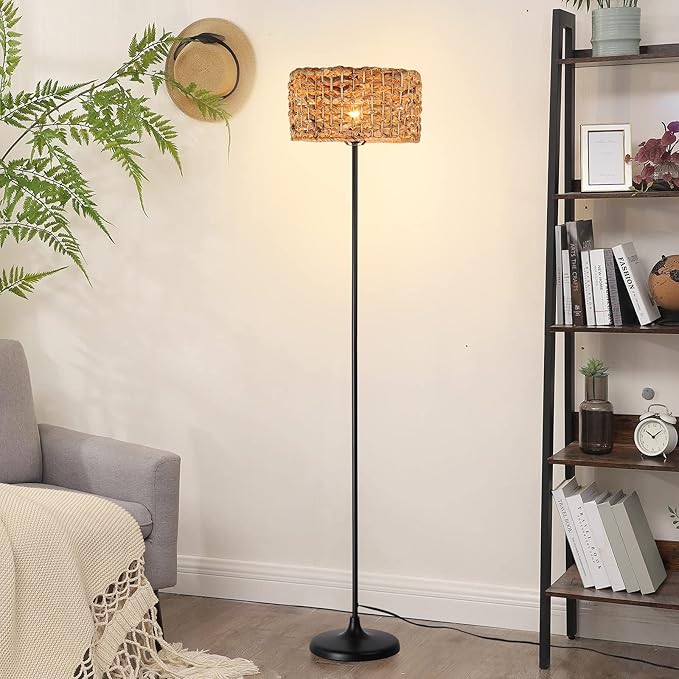 Unique Farmhouse Floor Lamp for Living room, Bedroom and Office, Original Handmade Water Lettuce Rattan Shade Tall Standing Light Black , Modern Vintage Rustic Rural Décor(No Bulbs) - LeafyLoom