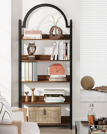 Tribesigns 5-shelf Arched Bookcase, Industrial Metal Etagere Open Bookshelf, Rustic Wood Shelf with Black Metal Frame,72 Inches Tall(1, Brown+Black) - LeafyLoom