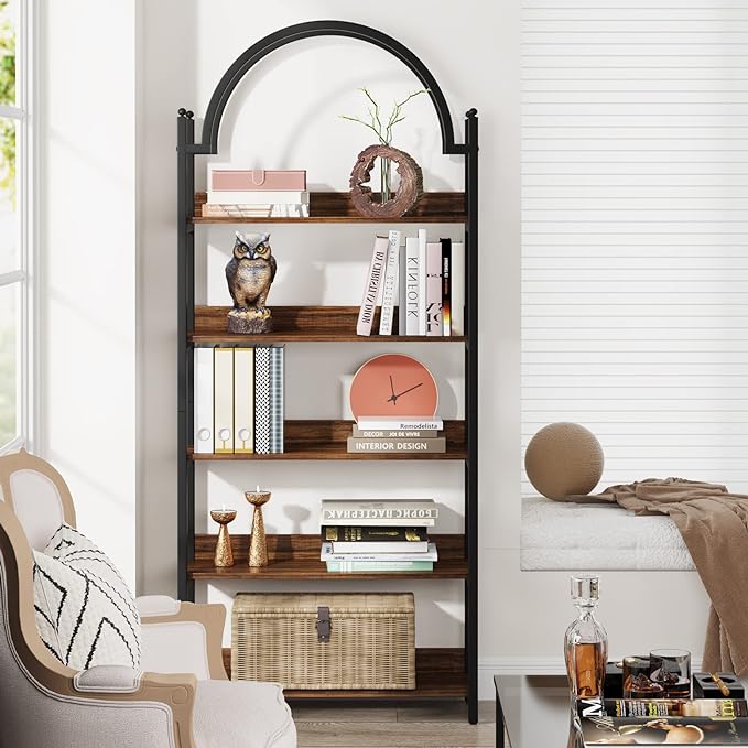 Tribesigns 5-shelf Arched Bookcase, Industrial Metal Etagere Open Bookshelf, Rustic Wood Shelf with Black Metal Frame,72 Inches Tall(1, Brown+Black) - LeafyLoom
