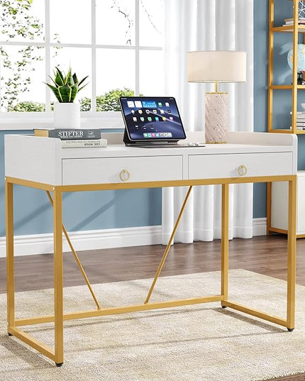 Tribesigns White Gold Computer Desk with 2 Drawers, Modern Desk 41.3 inch Simple Study Writing Desks with Storage, White Gold Makeup Vanity Desk for Home Office Bedroom Console Table - LeafyLoom