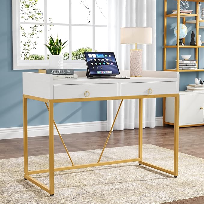 Tribesigns White Gold Computer Desk with 2 Drawers, Modern Desk 41.3 inch Simple Study Writing Desks with Storage, White Gold Makeup Vanity Desk for Home Office Bedroom Console Table - LeafyLoom
