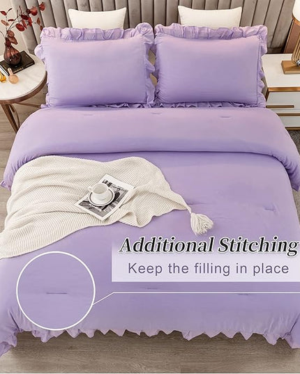 Andency Lavender Ruffle Comforter Full(79x90Inch), 3 Pieces(1 Ruffled Comforter and 2 Pillowcases) Solid Farmhouse Shabby Chic Comforter, Vintage Rustic Soft Microfiber Bedding Set - LeafyLoom