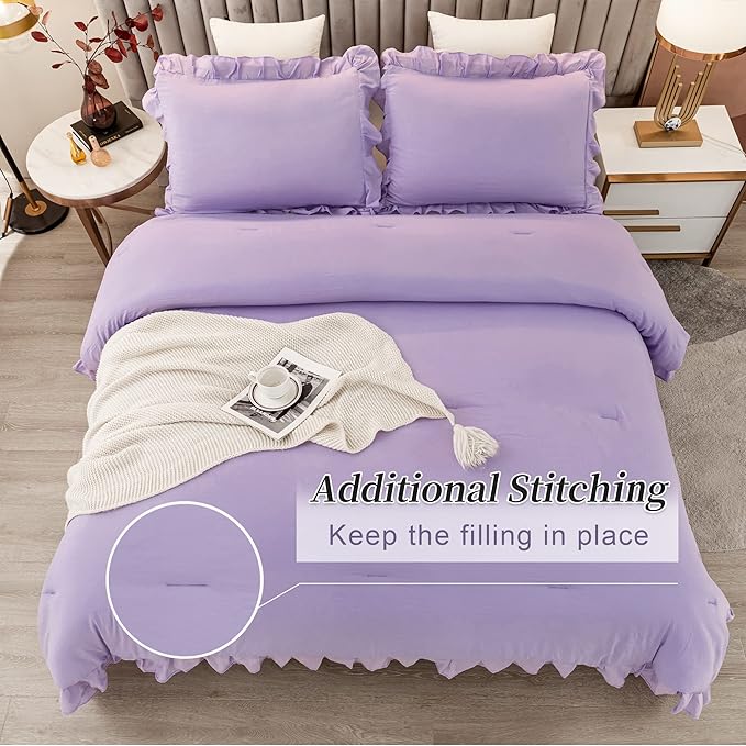 Andency Lavender Ruffle Comforter Full(79x90Inch), 3 Pieces(1 Ruffled Comforter and 2 Pillowcases) Solid Farmhouse Shabby Chic Comforter, Vintage Rustic Soft Microfiber Bedding Set - LeafyLoom