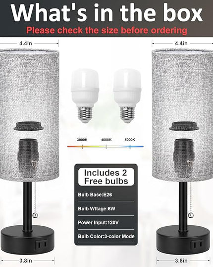 Grey Bedside Table Lamps Set of 2-3 Color Temperatures Pull Chain Lamp with AC Outlet Charging Port, Two Round Night Stand Lamps for Bedroom Office, Small Bed Side Light with E26 LED Bulbs - LeafyLoom