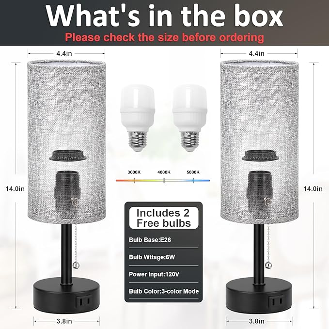 Grey Bedside Table Lamps Set of 2-3 Color Temperatures Pull Chain Lamp with AC Outlet Charging Port, Two Round Night Stand Lamps for Bedroom Office, Small Bed Side Light with E26 LED Bulbs - LeafyLoom