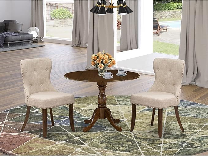 East West Furniture DMSI3-AWA-04 3 Piece Dinette Set for Small Spaces Contains a Round Dining Table with Dropleaf and 2 Light Tan Linen Fabric Upholstered Chairs, 42x42 Inch, Walnut - LeafyLoom