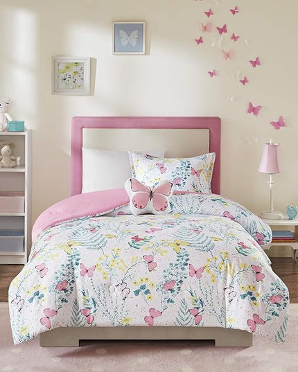 Mi Zone Kids Cynthia Comforter for Girls Microfiber Animal Butterfly Print, Modern All Season Down Alternative Kids Bed Set, Matching Sham, Decorative Pillow, Full/Queen, Pink 4 Piece - LeafyLoom
