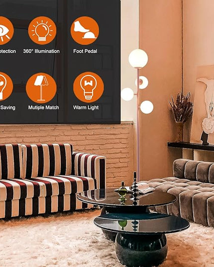 4 Globe Floor Lamp for Living Room, Gold Modern Standing Lamp with Frosted Sphere Glass Shade, 3000K Warm Light LED Bulbs Included, Tall Tree Lamp for Bedroom, Home & Office - Pink - LeafyLoom