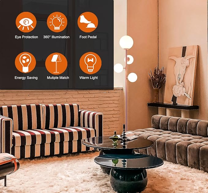 4 Globe Floor Lamp for Living Room, Gold Modern Standing Lamp with Frosted Sphere Glass Shade, 3000K Warm Light LED Bulbs Included, Tall Tree Lamp for Bedroom, Home & Office - Pink - LeafyLoom