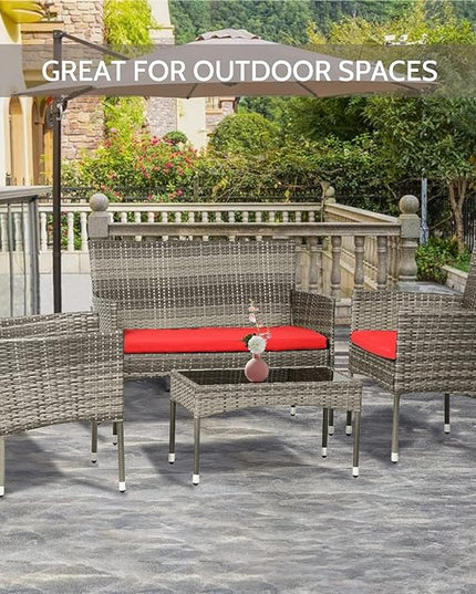 FDW 4 Pieces Outdoor Furniture Set Patio Conversation Set Wicker with Rattan Chair Loveseats Coffee Table for Outdoor Indoor Garden Backyard Porch Poolside Balcony,Gray Wicker/Red Cushions - LeafyLoom
