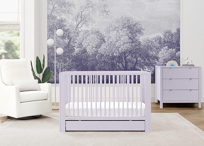 Delta Children Cassie 4-in-1 Convertible Crib with Underdrawer, Lilac + Simmons Kids Silver Nights Dual Sided 2-Stage Baby Crib Mattress (Bundle) - LeafyLoom