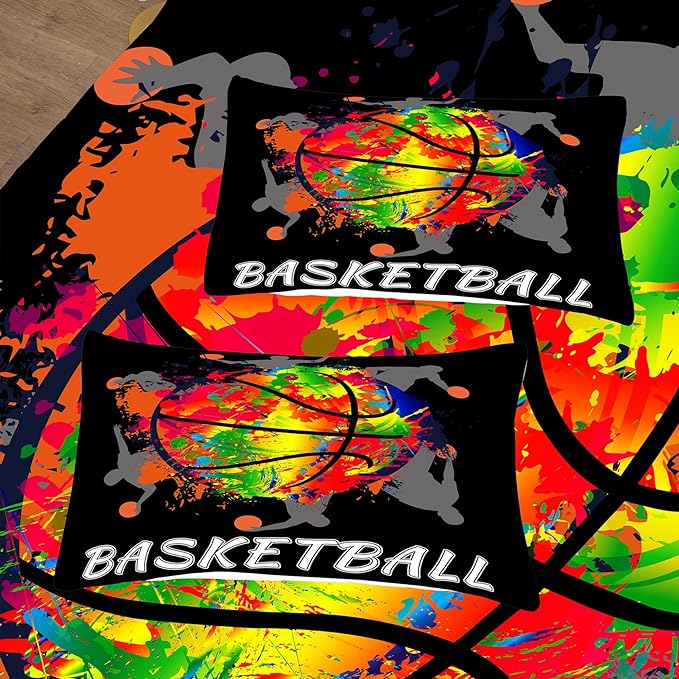 NINENINE Black Basketball Comforter Set for Boys Kids Teens Twin Size Sports Bedding Watercolor Tie-dye Comforter Color Graffiti Hip Hop Style Bed Set with 1 Comforter 1 Pillowcase - LeafyLoom