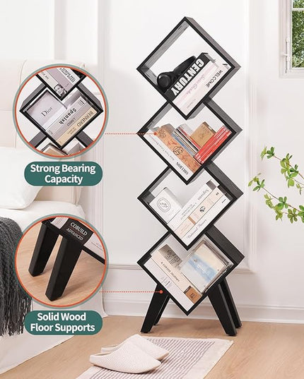 Yoobure Black Bookshelf - Small Book Shelf, 4-Tier Tall Bookcases Book Organizer, Industrial Bookshelves Floor Standing for CDs/Books in Small Spaces, Bedroom, Living Room, Home Office - LeafyLoom