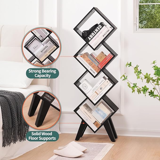 Yoobure Black Bookshelf - Small Book Shelf, 4-Tier Tall Bookcases Book Organizer, Industrial Bookshelves Floor Standing for CDs/Books in Small Spaces, Bedroom, Living Room, Home Office - LeafyLoom