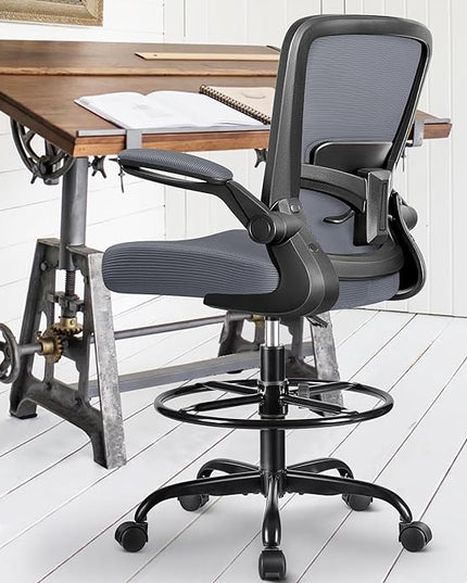FelixKing Drafting Chair Ergonomic Tall Office Chair, Breathable Mesh Chair with Adjustable Footrest Ring Lumbar Support Flip-up Armrests, High Back Executive Comfy Task Computer Chair for Home Office - LeafyLoom
