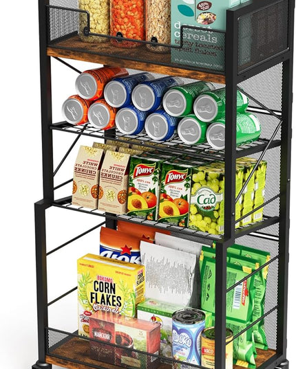 4-Tier Rolling Storage Cart Organizer with 2 Mesh Sliding Trays, Can,Drink,Snack Organizer Shelves, Retro Utility Cart on Lockable Wheels for Kitchen,Bathroom,Study,Pantry - LeafyLoom