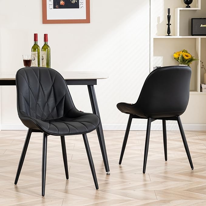 YOUNIKE Dining Chairs Set of 2, Black Modern Kitchen Chairs with Adjustable Feet, Mid Century Faux Leather Upholstered Dining Room Chairs, 300LBS Support Elegant Dinning Chairs Side Chairs - LeafyLoom