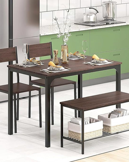 DlandHome 4 Person Dining Table Set, Dining Table with 2 Chairs and 1 Bench,Rectangular Space-Saving Dinner Table with Two Benches for Kitchen,Rustic Oak - LeafyLoom