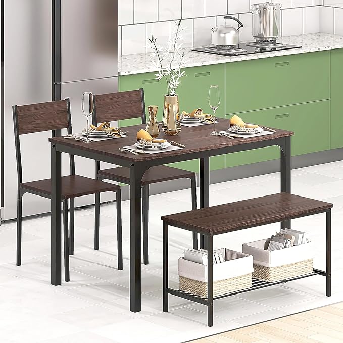 DlandHome 4 Person Dining Table Set, Dining Table with 2 Chairs and 1 Bench,Rectangular Space-Saving Dinner Table with Two Benches for Kitchen,Rustic Oak - LeafyLoom