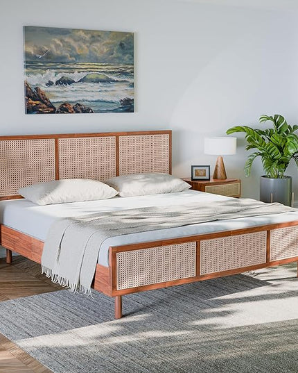 Bme Nancy Signature Bed Frame, King Bed Frame and Headboard Unique Geometric, Mid Century Modern, Solid Acacia Wood, No Box Spring Needed, 12 Strong Wood Slats Support, Easy Assembly, Dark Chocolate - LeafyLoom