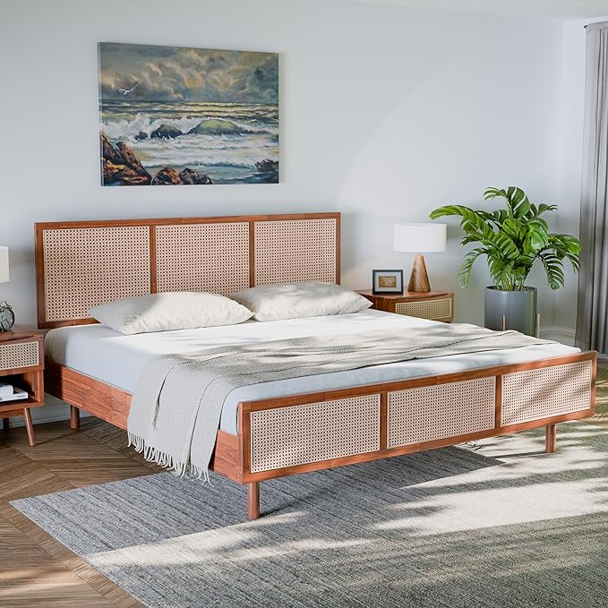 Bme Nancy Signature Bed Frame, King Bed Frame and Headboard Unique Geometric, Mid Century Modern, Solid Acacia Wood, No Box Spring Needed, 12 Strong Wood Slats Support, Easy Assembly, Dark Chocolate - LeafyLoom
