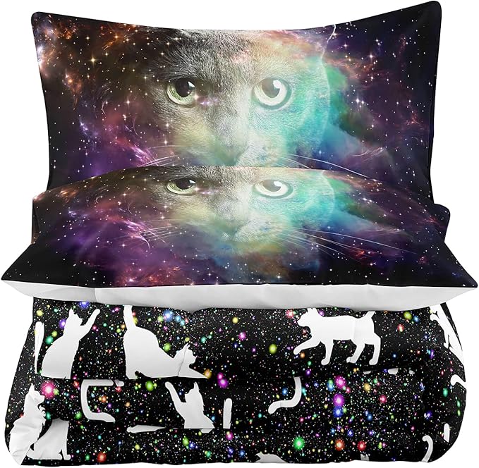 Tailor Shop Cat Comforter Set for Kids Boys Girls Teens Cute Cartoon Cat Galaxy Bedding Sets Black Dreamy Outer Space Twin Size with 1 Comforter 1 Pillow Sham………… - LeafyLoom