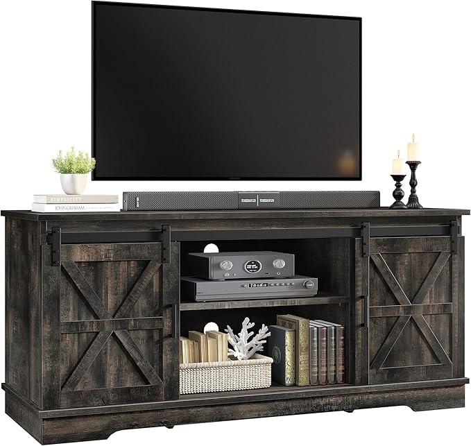 YITAHOME TV Stand for 65 55 Inch TV, Farmhouse Entertainment Center with Storage Cabinet and Sliding Barn Doors, Rustic TV Cabinet Media Console Table for Living Room, Dark Rustic Oak - LeafyLoom