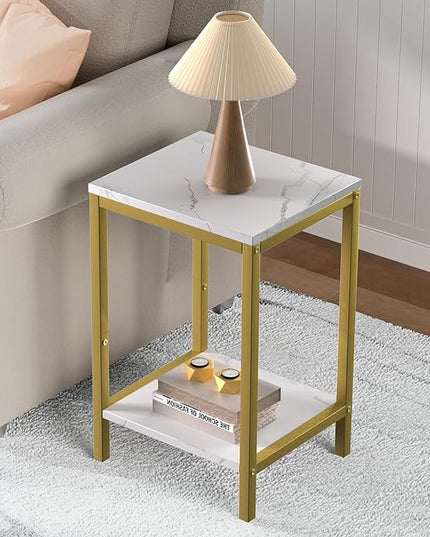 SAYGOER White Faux Marble End Tables Small Side Table with Storage Wood Night Stand Gold Metal Frames 2 Tier Bedside Table with Adjustable Feet, 1PCS, White Gold - LeafyLoom