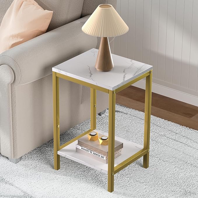 SAYGOER White Faux Marble End Tables Small Side Table with Storage Wood Night Stand Gold Metal Frames 2 Tier Bedside Table with Adjustable Feet, 1PCS, White Gold - LeafyLoom