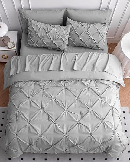 LANE LINEN 7 Piece Queen Comforter Set with Sheets, Pintuck Bedding Queen Size Set, Soft Bed in A Bag Queen, Pinch Pleated Queen Bed Set, Fluffy Queen Bedding Set with Pillowcases & Shams - Silver - LeafyLoom
