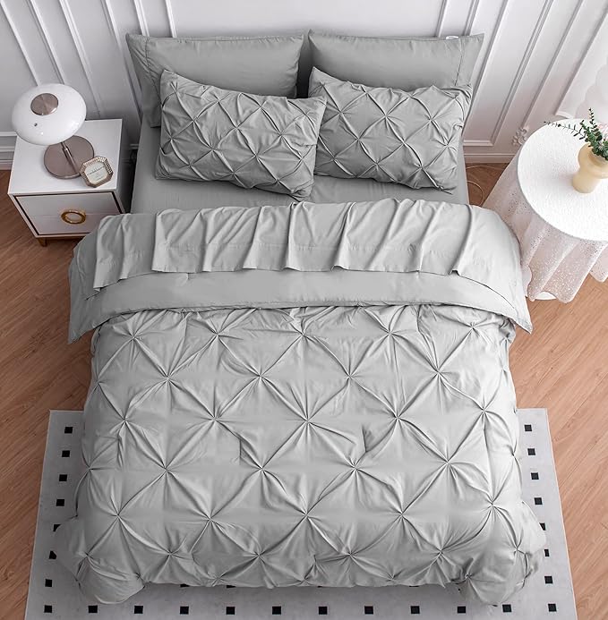 LANE LINEN Twin Comforter Set with Sheets, 5 Piece Twin Bed in a Bag Set, Pintuck Twin Bedding Sets, Ultra Soft Twin Bed Set, Fluffy Comforter, Twin Size Comforter Set with Pillowcases & Shams-Silver - LeafyLoom