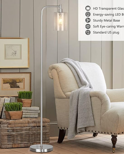 QiMH Industrial Floor Lamp for Living Room, Modern Standing Lamp with HD Glass Lampshade and Pedal Switch, 67” Tall Pole Light for Bedroom Study Room, Brushed Silver (2700K LED Bulb Included) - LeafyLoom
