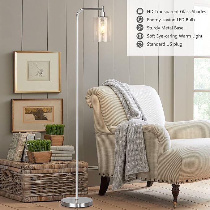 QiMH Industrial Floor Lamp for Living Room, Modern Standing Lamp with HD Glass Lampshade and Pedal Switch, 67” Tall Pole Light for Bedroom Study Room, Brushed Silver (2700K LED Bulb Included) - LeafyLoom