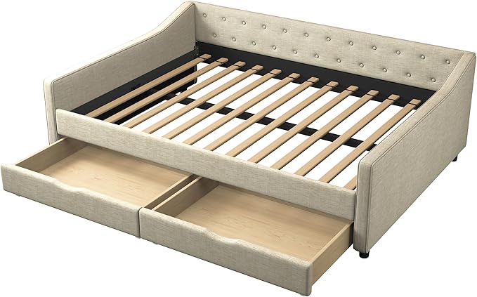 Full Size Upholstered Daybed with 2 Drawers,Wood Sofa Bed Frame W/Button Tufted Backrest and Waved Shape Arms,Slats Support,Linen Fabric Day Bed,for Bedroom,Living Room,Apartment,Beige - LeafyLoom