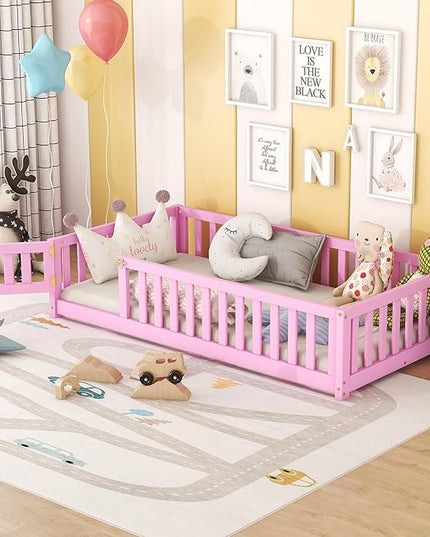 Multifunctional Twin Size Floor Bed with Safety Guardrails and Door, Removable Wood Slats, Montessori Beds Frame for Toddlers, for Boys and Girls, Pink - LeafyLoom