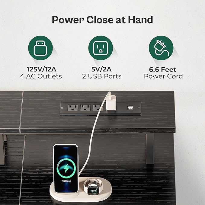 63 Inch Computer Desk with Power Outlets and LED Lights, Gaming Desk with 4 Drawers, Office Desk with Monitor Stand, Study Desk Work Desk for Home Office, Black - LeafyLoom