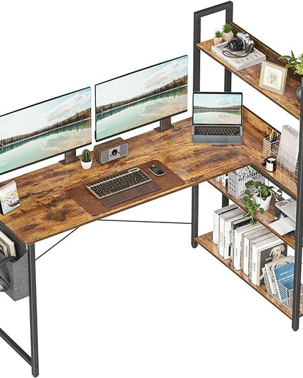 Treesland 55 Inch Computer Desk with Storage Shelves, L Shaped Desk with Storage, Corner Desk with Storage, Home Office Desks, Bookshelf Desk, Writing Study Desk for Bedroom, Brown - LeafyLoom
