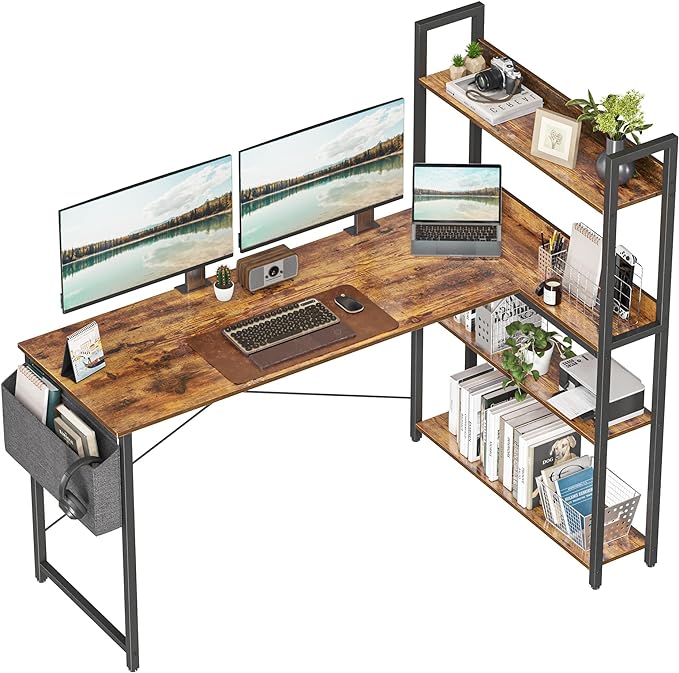 Treesland 55 Inch Computer Desk with Storage Shelves, L Shaped Desk with Storage, Corner Desk with Storage, Home Office Desks, Bookshelf Desk, Writing Study Desk for Bedroom, Brown - LeafyLoom