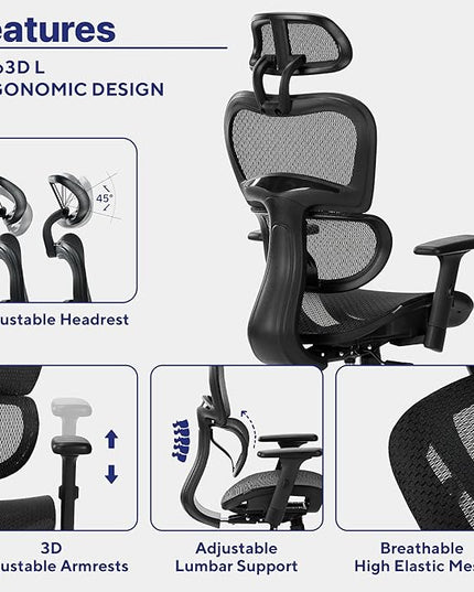 Nochaus Ergo3dL home office desk chairs ergonomic office chair High-Back Mesh Rolling Work Chairs with Wheels and Adjustable Headrests Comfortable Lumbar Support Adjustable Armrests - LeafyLoom