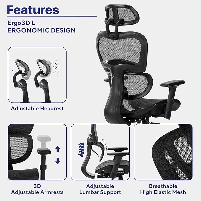 Nochaus Ergo3dL home office desk chairs ergonomic office chair High-Back Mesh Rolling Work Chairs with Wheels and Adjustable Headrests Comfortable Lumbar Support Adjustable Armrests - LeafyLoom